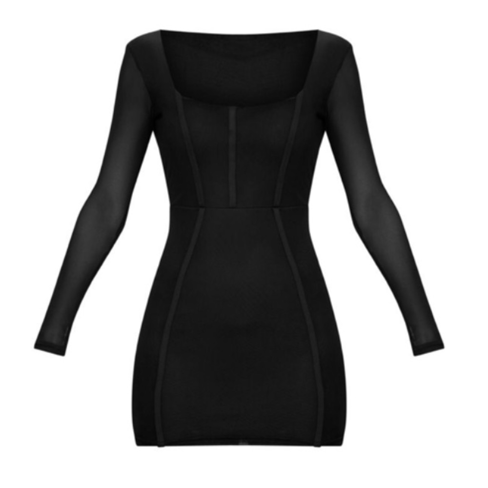 Sheer Mesh SquareNeck Binding Detail Bodycon Dress